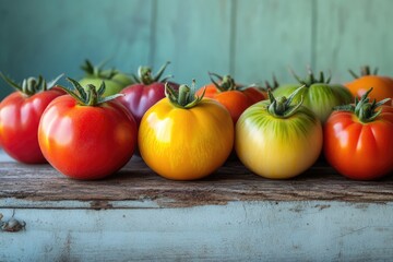 Assorted heirloom tomatoes in vibrant colors arranged on a rustic wooden surface against a soft blue-green backdrop.