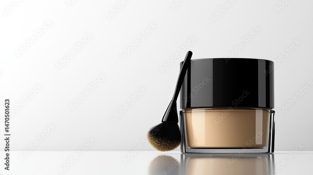 Poster makeup container and applicator brush presented on a reflective surface