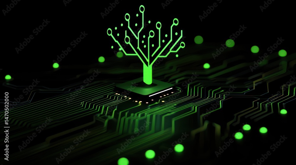 Poster electronic circuit board showing a tree shaped design in bright green