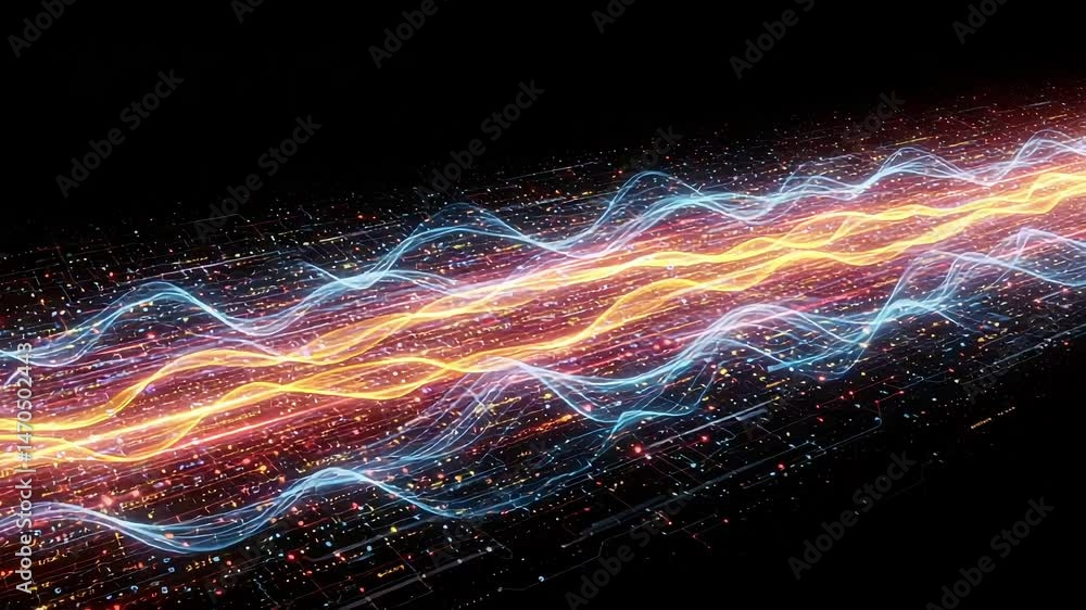 Poster vivid light waves streaming across dark background in dynamic motion