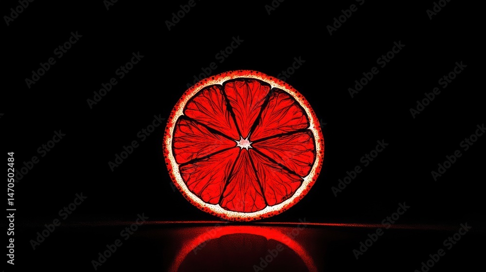 Poster a brightly illuminated cross section of a reddish citrus fruit