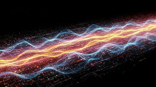 Vivid light waves streaming across dark background in dynamic motion
