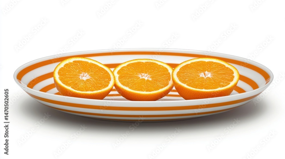 Poster three sliced oranges are presented on a striped patterned serving dish
