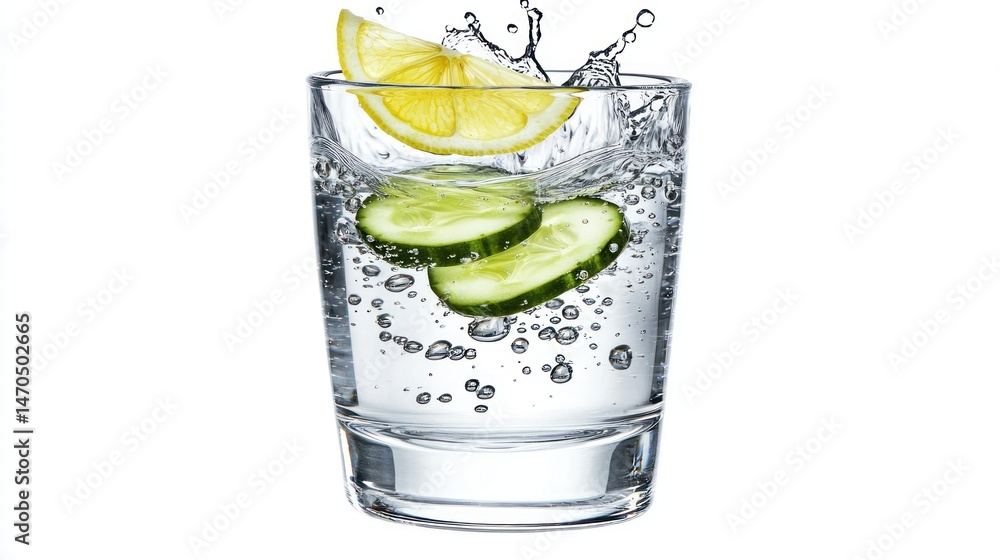 Poster a glass of water with lemon and cucumber slices