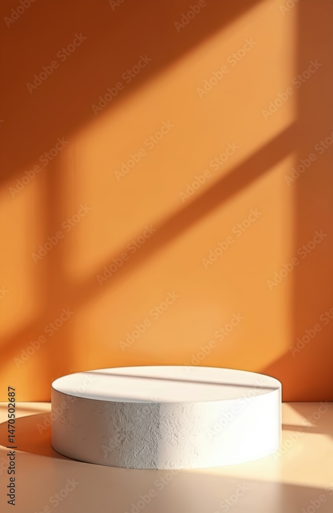 Poster empty product display podium. white round pedestal on orange background with shadows. showcase cosme