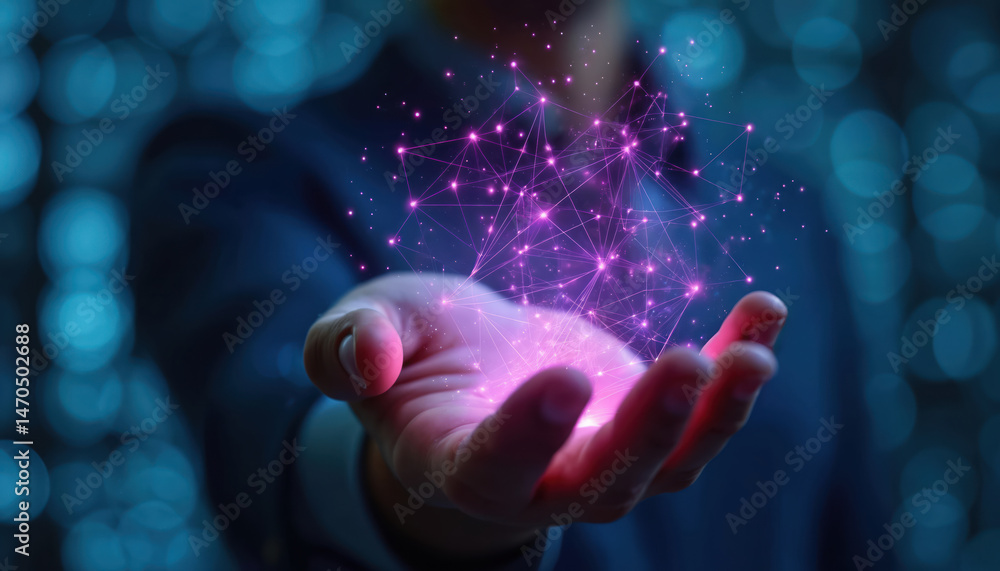 Leinwandbilder hand holding network data connections. illustrates tech progress digital innovation. modern tech inf