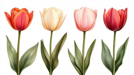 Obraz premium Exquisite Hand-Drawn Set of Tulips Flowers with Green Leaves