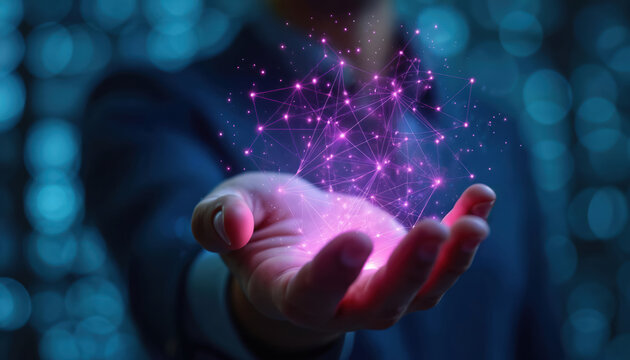 Hand holding network data connections. Illustrates tech progress digital innovation. Modern tech information cloud system connectivity future design analysis intelligence engineering software