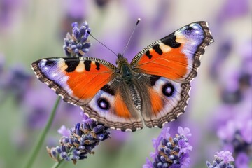 Peacock butterfly resting on lavender flower, nature photography, wallpaper, and educational use.