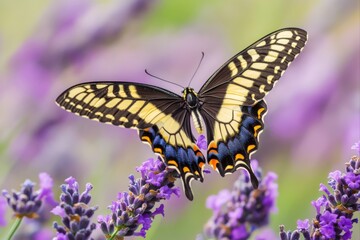 Swallowtail butterfly resting on lavender flowers, for nature photography and educational purposes.