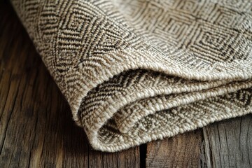 Close-up of a folded beige and brown woven rug with geometric pattern resting on rustic wood.