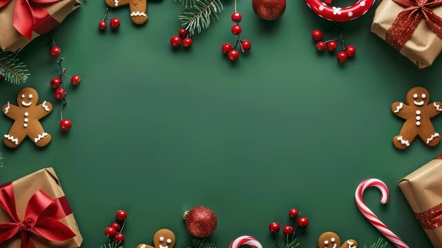 Overhead shot of seasonal holiday items like candy canes, gingerbread people, gifts, red berries, pine needles and a shiny red ornament on a green surface. Holiday themed flat lay with space for copy.
