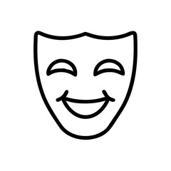 Smiling theatre mask showing happiness and joy. Outline art for graphic design or web icons. Comedy concept symbol for emotion and performance