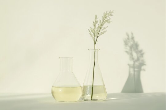 Flasks with liquid and plant casting shadow for scientific or medical applications