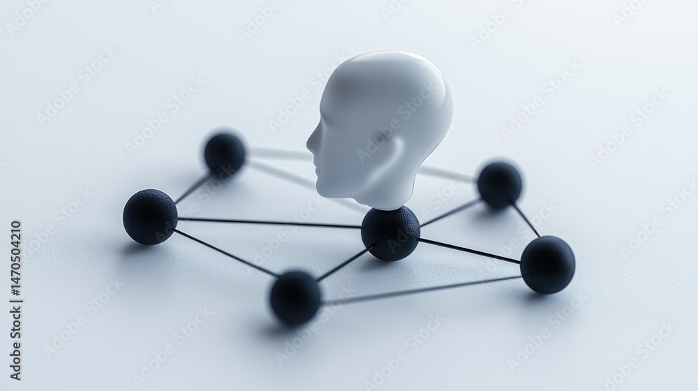 Poster a white head is connected to a network structure on a white surface