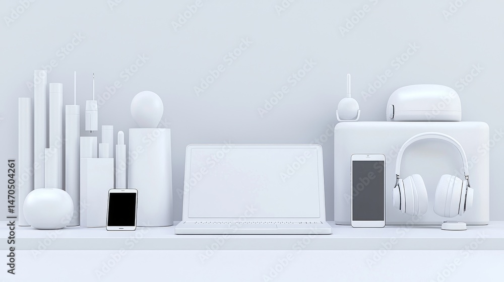 Poster white electronic devices and abstract shapes arranged on a surface