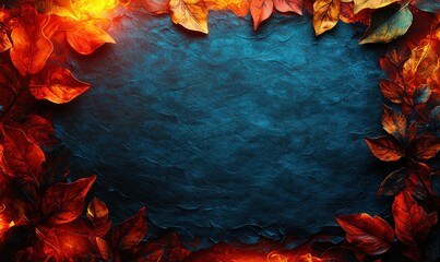 Autumnal leaves create a vibrant frame around a dark, textured background, ideal for seasonal designs or announcements