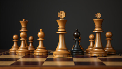 Wooden Chess Pieces on Board King and Pawns in Focus Dark Background