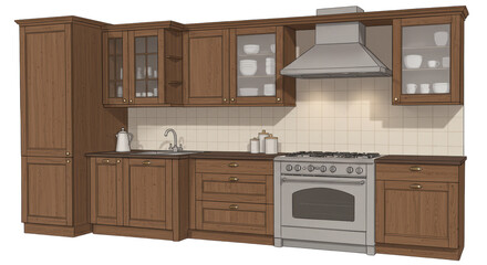 Isolated Wooden Kitchen Set with Appliances