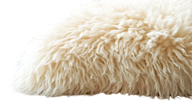 Close-up of a fluffy, cream-colored textile, possibly sheepskin or a similar material, showing its texture and softness