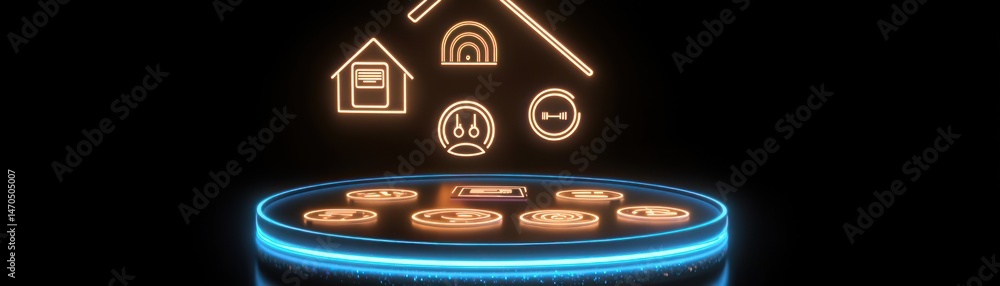 Aufkleber Illuminated smart home icons floating above a glowing circular platform