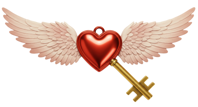 Isolated Heart Key with Wings