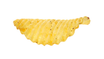close up view of single, wavy potato chip, crispy and delicious