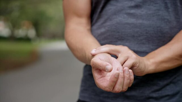 Man check pulse after running outdoor. Man checking heart rate. Wellness and health. Runner with finger on wrist to check pulse. Man measuring heart rate after running, closeup. Pulse check