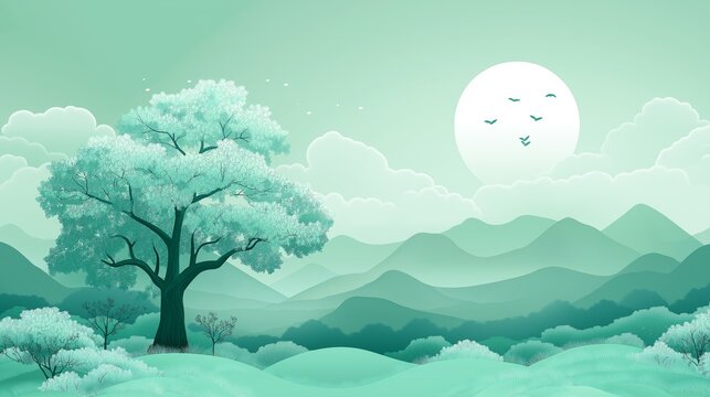 A serene landscape unfolds in soft shades of green, featu a solitary tree, rolling hills, distant mountains, a full moon, and soa birds in peaceful sky.