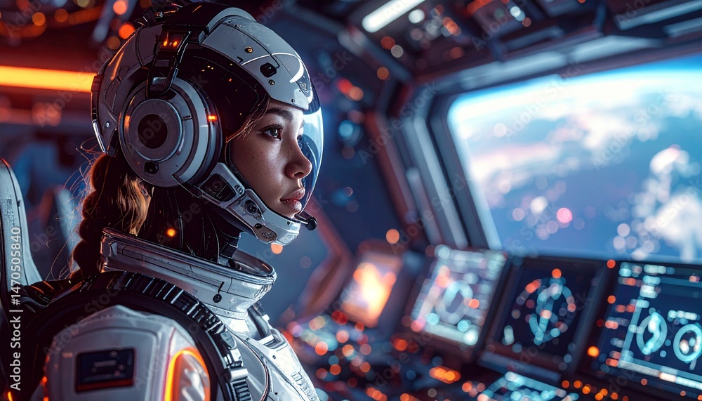 Poster an astronaut looking outside the spaceship windows with planet earth. she is wearing a space helmet 