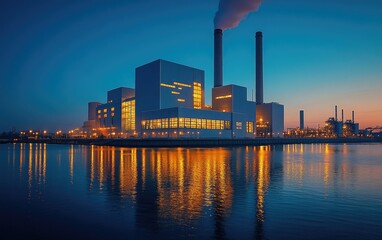 Naklejka premium Industrial power plant at twilight. Modern, bright structures reflected in the water, with smoke stacks rising above