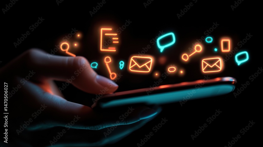Poster a hand holding a phone displaying glowing communication icons