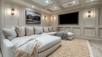 Elegant transitional media room featuring custom tufted sectional and cozy lighting high resolution photo