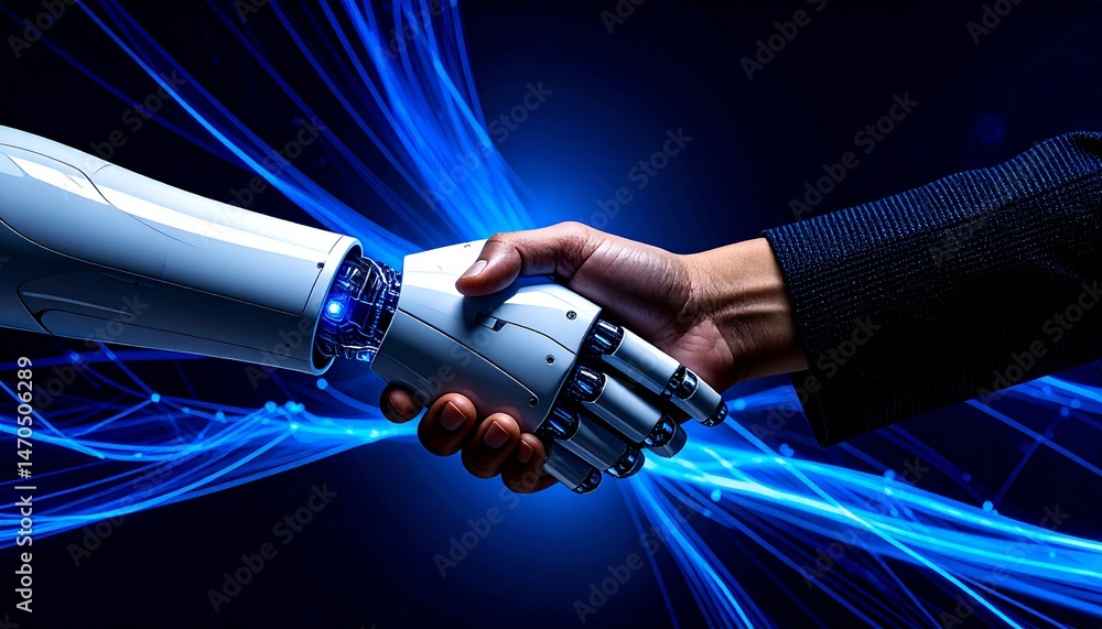 Poster a handshake between a human and a robot, symbolizing technological collaboration and artificial inte