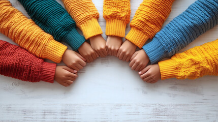 Colorful sweaters circle hands