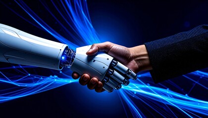 a handshake between a human and a robot, symbolizing technological collaboration and artificial intelligence