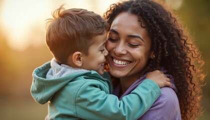Joyful moment of mother, son in outdoor photo. Son kisses mom on cheek. Happy family relationship, caring, loving. Motherhood lifestyle. Portrait of smiling woman hugging child with love, care.