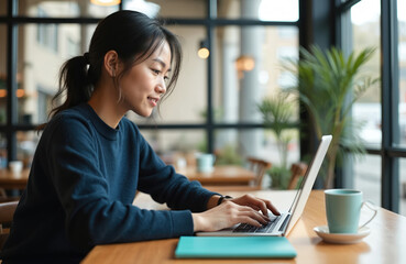 Young asian business woman working with laptop in co-working space. Attractive female freelancer in casual attire is working on computer near window. Modern tech, business, work from home concept.