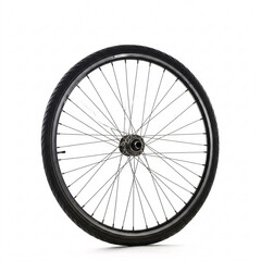 Fototapeta premium Black bicycle wheel with tire and spokes isolated on white background.