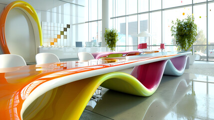 A colorful modern conference table with chairs in a bright office setting with large windows view