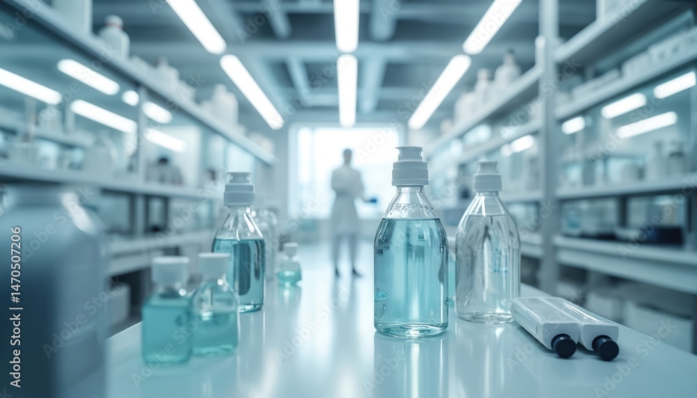 Poster futuristic lab interior. modern clean science laboratory with glassware. research scientist in lab c