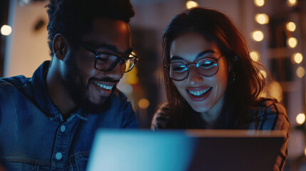Diverse team working on laptop project at night