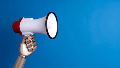 A robotic hand holding a megaphone against a vibrant blue background