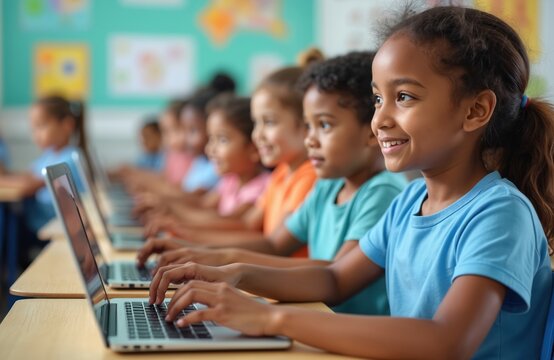 Group diverse students focused on tech-based lesson in classroom. Young children using laptops learning, smiling. Education, digital skills, stem program. Elementary school children. - Powered by Adobe