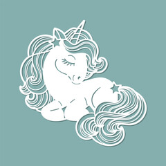 Sleeping cartoon unicorn. Template for laser cutting from paper, wood, cardboard, metal. For design of interior decorations, toys, postcards, stencils, scrapbooking, stickers, etc. Vector