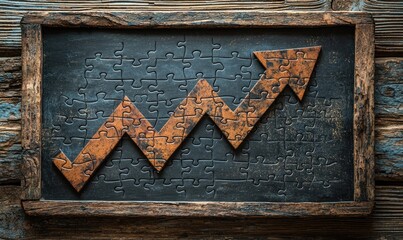 Rustic wooden frame holds a jigsaw puzzle depicting an upward trending arrow, suggesting growth or progress