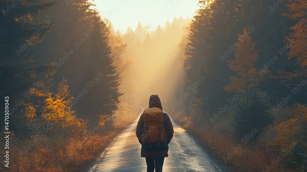 Poster solitude on the forest path: a lone figure with a backpack walks down a path that winds through a su