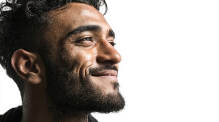 Obraz premium A smiling Arabic man in profile, looking content, isolated on a white background