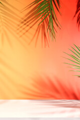 Empty tropical sunny colorful banner,background with long shadows from palm leaves.Elegant...