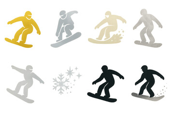 Snowboarding icons set &ndash; silhouettes, snowflakes, luxury, action, sport, gear, tricks. Flat icon set